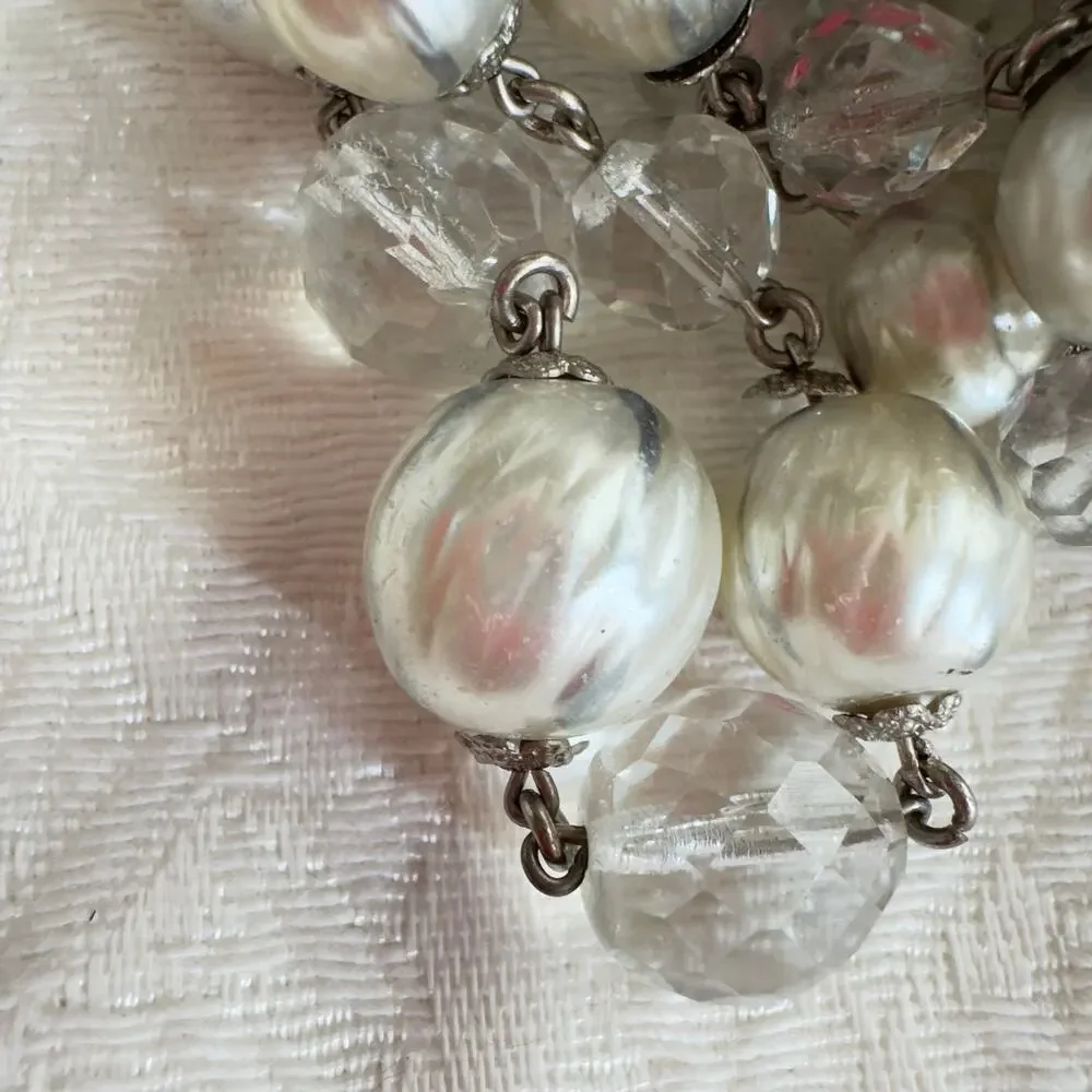 Vintage 1950s 3-Strand Baroque Glass Pearl & Crystal Choker Necklace Rousselet